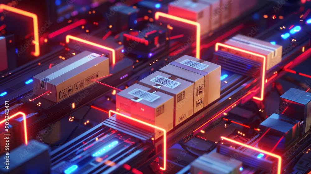 Automated Delivery Network: A futuristic vision of a high-tech automated delivery system, with sleek conveyor belts and vibrant neon lights moving parcels efficiently through the network. Automated Delivery Network: A futuristic vision of a high-tech automated delivery system, with sleek conveyor belts and vibrant neon lights moving parcels efficiently through the network.