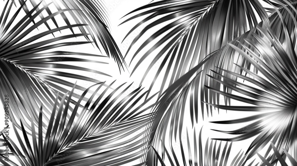 Obraz premium A monochrome picture of palm fronds against a white backdrop, featuring a black-and-white depiction of a palm tree's foliage