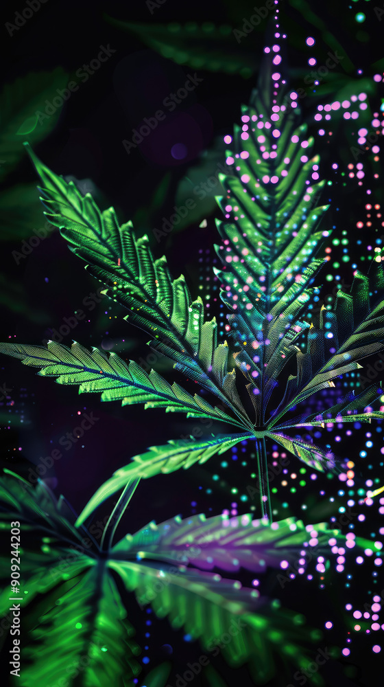 Cannabis Leaf in Blockchain Digital Style with Green-Purple Neon Tones Cannabis Leaf in Blockchain Digital Style with Green-Purple Neon Tones