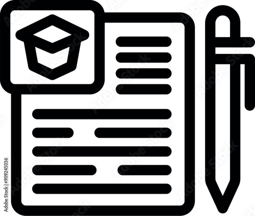 Black outline icon of a university application form being filled with a pen