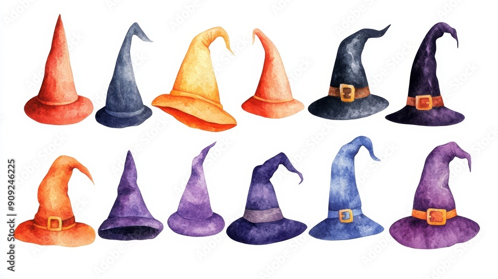 Witch hat collection on white background. Watercolor witch hat illustrations Witch hat collection on white background. Watercolor witch hat illustrations