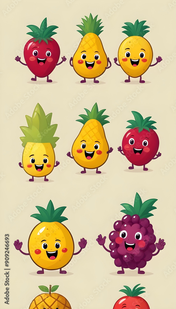 Colorful cartoon characters watermelon slice pineapple and tropical fruit 8 Colorful cartoon characters watermelon slice pineapple and tropical fruit 8