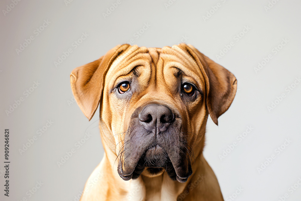Portrait of a brown dog with wrinkled forehead and soulful eyes, showcasing a calm and expressive face against a plain background. Portrait of a brown dog with wrinkled forehead and soulful eyes, showcasing a calm and expressive face against a plain background.