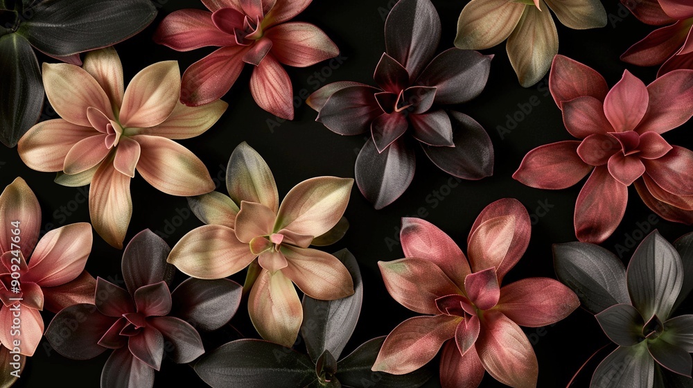 A photo of red and yellow flowers against a black backdrop, with detailed shots of their petals A photo of red and yellow flowers against a black backdrop, with detailed shots of their petals
