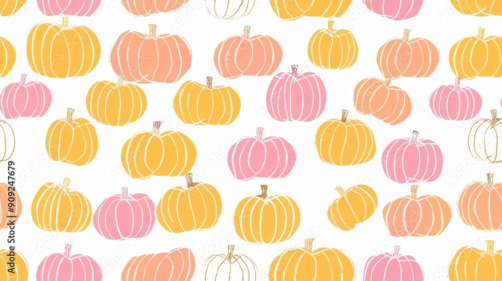 Playful pink and yellow pumpkins pattern on a white background, perfect for autumn and Halloween themes, isolated on white. Playful pink and yellow pumpkins pattern on a white background, perfect for autumn and Halloween themes, isolated on white.