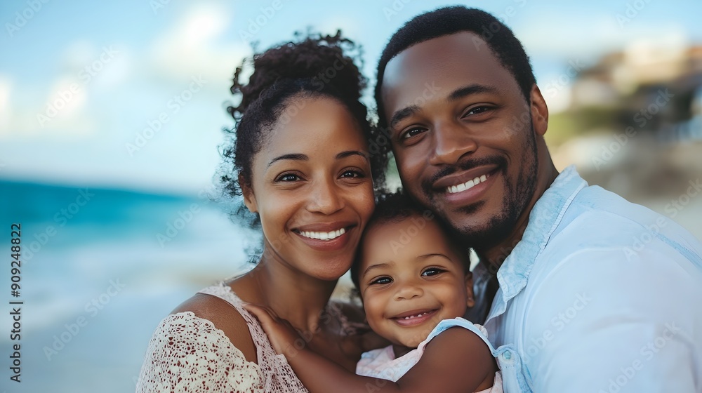 happy family of three posing together on a beach happy family of three posing together on a beach