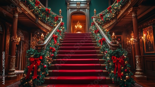 Grand Christmas Staircase with Festive Decorations