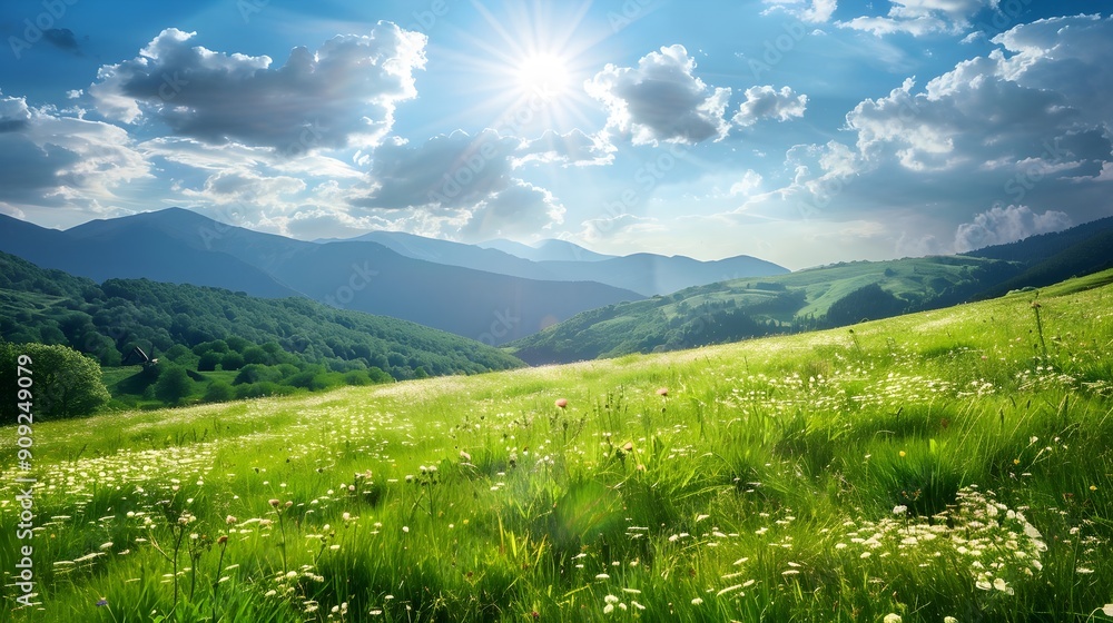 Fototapeta premium beautiful sunny landscape with rolling green hills