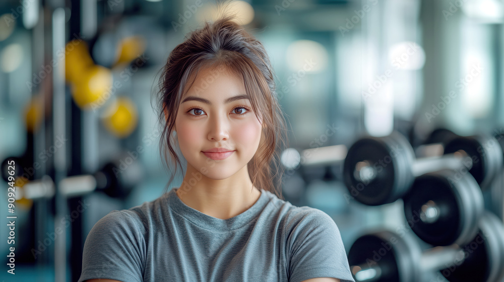 Young Asian woman in a gym setting, wearing a grey t-shirt, looking confidently at the camera, surrounded by gym equipment, ready for a workout.
Young Asian woman in a gym setting, wearing a grey t-shirt, looking confidently at the camera, surrounded by gym equipment, ready for a workout.