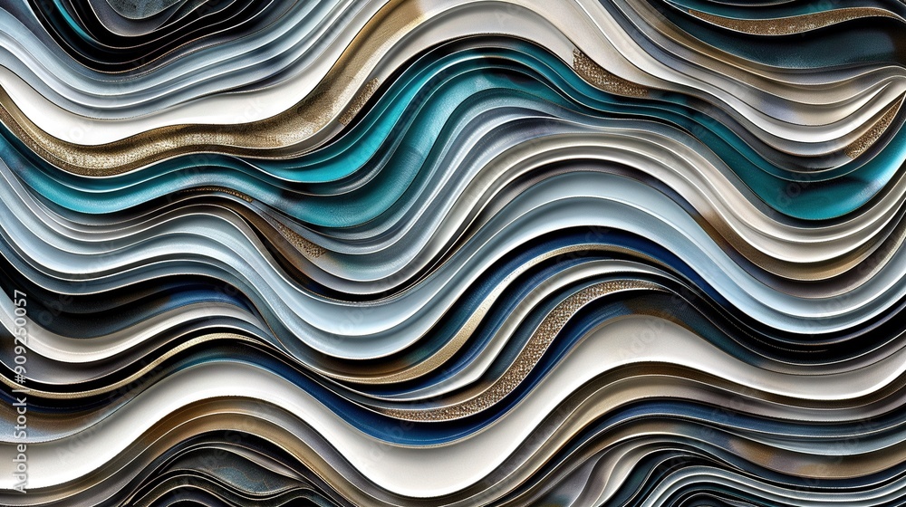 A detailed photo of a wavy pattern with blue and white stripes beneath it, and black and white stripes above the blue and white stripes A detailed photo of a wavy pattern with blue and white stripes beneath it, and black and white stripes above the blue and white stripes