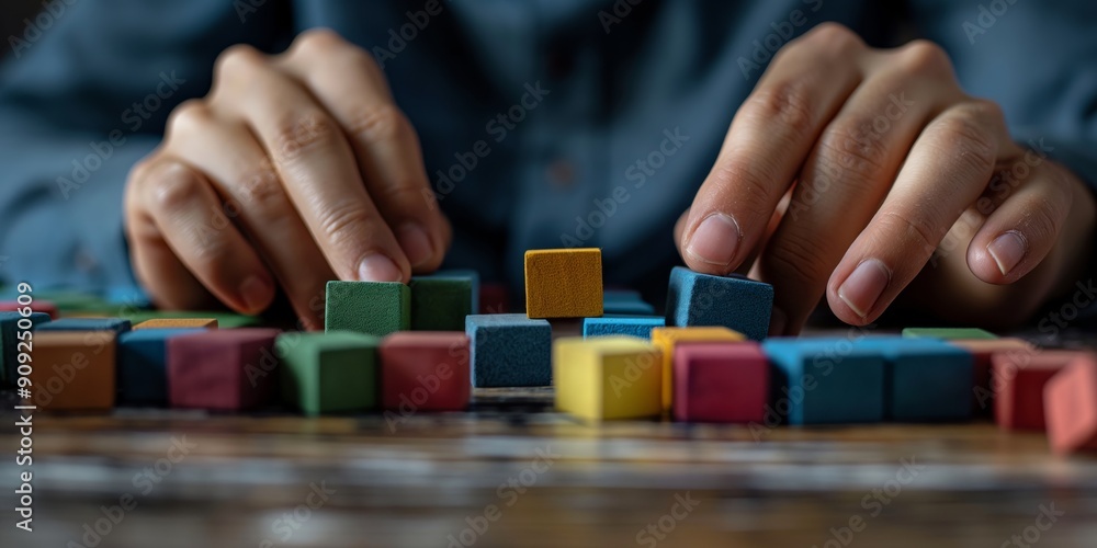 Building Blocks of Success: A close-up perspective of hands carefully arranging colorful wooden blocks, symbolizing the building blocks of success, growth, and strategy. Building Blocks of Success: A close-up perspective of hands carefully arranging colorful wooden blocks, symbolizing the building blocks of success, growth, and strategy.