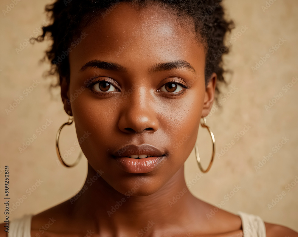 Close up portrait of a young beautiful black woman looking straight