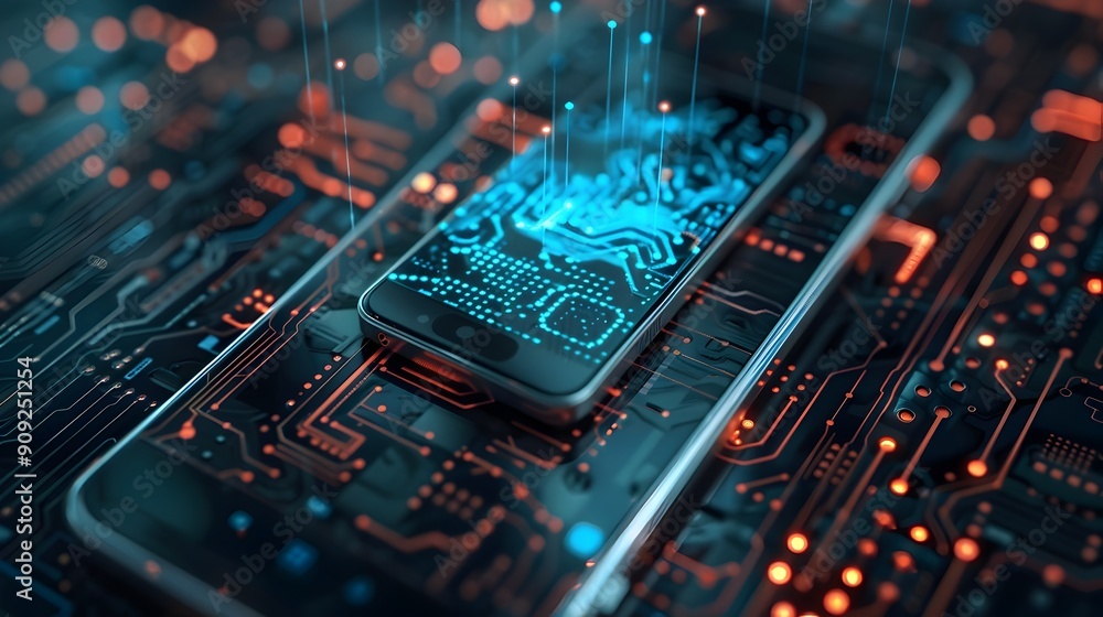 Secure Encrypted Mobile Device with Futuristic Microchip Circuit Board Secure Encrypted Mobile Device with Futuristic Microchip Circuit Board