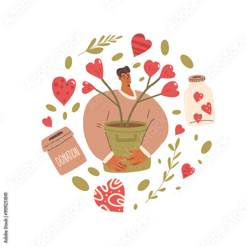 Charity circular emblem isolated on white background. Volunteer with donation box and heart shapes decoration round label composition. charitable event Vector hand drawn flat illustration.