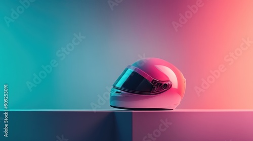 A pink motorcycle helmet is perfectly balanced on a platform with a gradient backdrop, showcasing the contrast between cool blue and warm pink lighting. photo