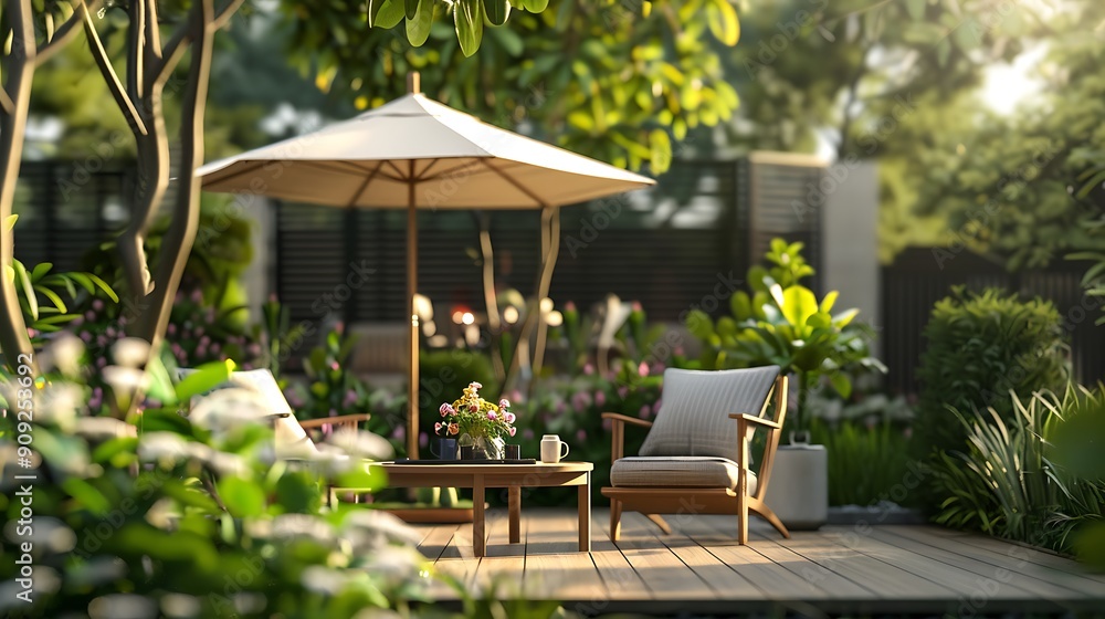 Summertime back yard with outdoor seating wooden patio furniture and sun umbrella or parasol Summertime back yard with outdoor seating wooden patio furniture and sun umbrella or parasol