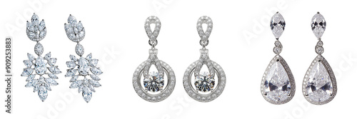 Set of Elegant white cubic zirconia earrings with a sparkling square design  isolated on transparent background