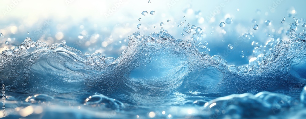 3D Rendering of Transparent Water with Bubbles on Light Blue Background, Close-Up
3D Rendering of Transparent Water with Bubbles on Light Blue Background, Close-Up