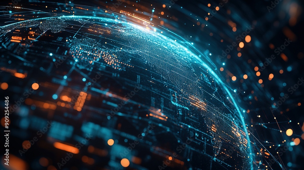 Digital Globe with Interconnected Lines and Orange and Blue Glows