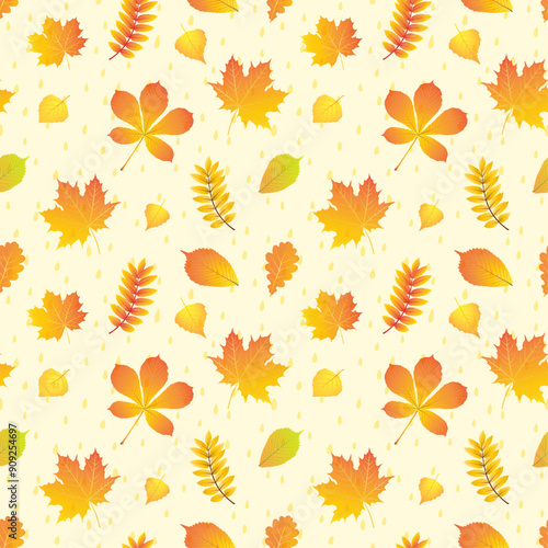 Bright seamless autumn pattern with tree leaves and rain drops. Vector illustration.