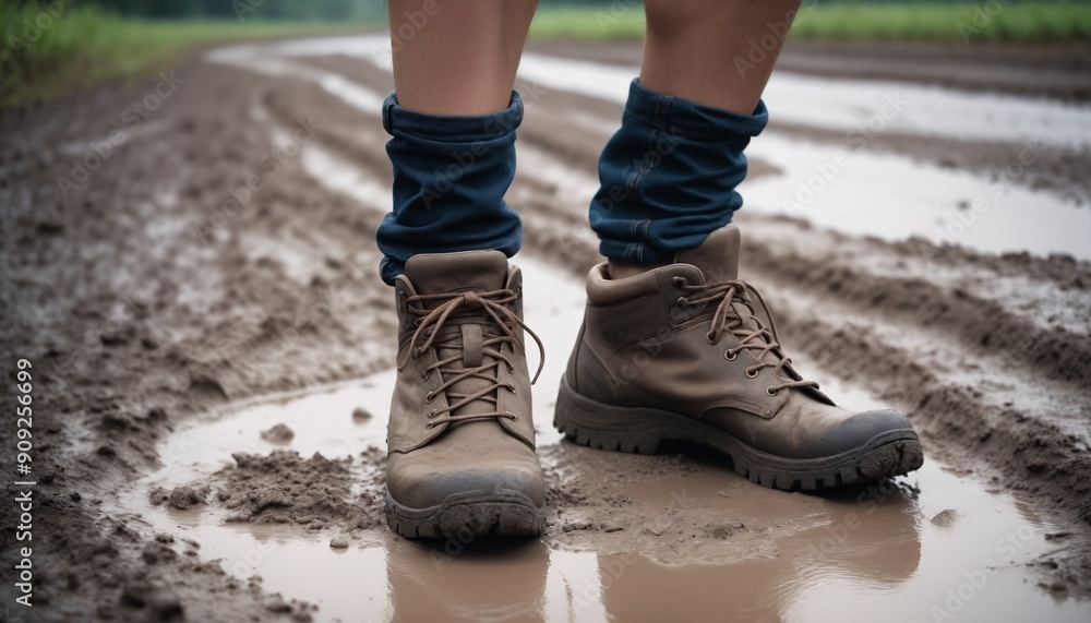 Person feet in trekking shoes walking swamp mud. Person feet in trekking shoes walking swamp mud.