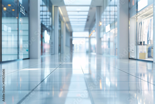 Bright and airy interior of a modern shopping mall with glass storefronts polished floors and soft lighting providing a clean and spacious look