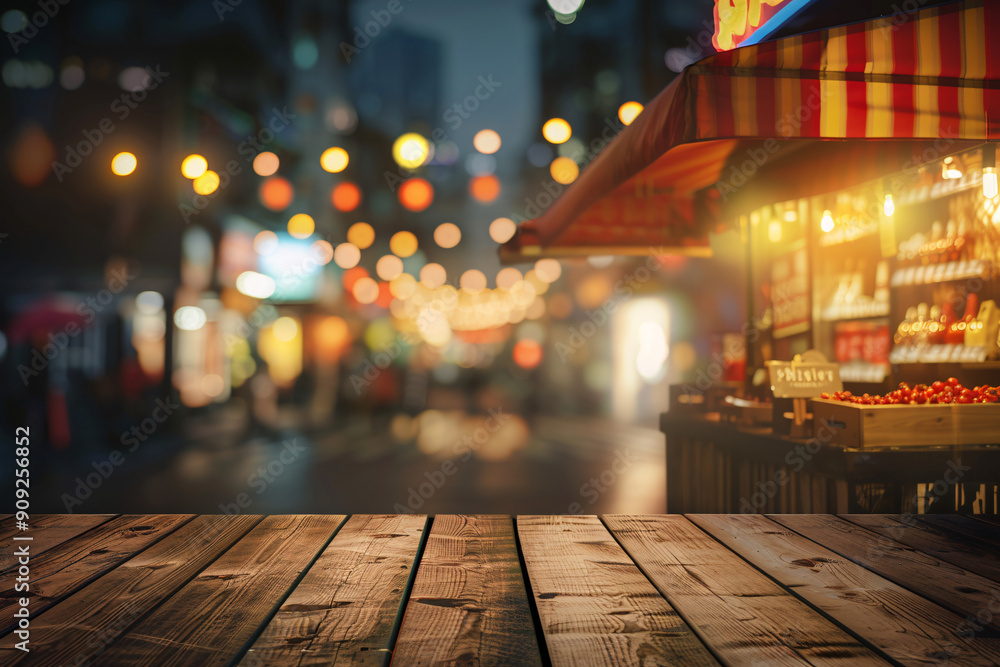 A wooden table in focus with a blurred background of a night market, illuminated by colorful bokeh lights A wooden table in focus with a blurred background of a night market, illuminated by colorful bokeh lights