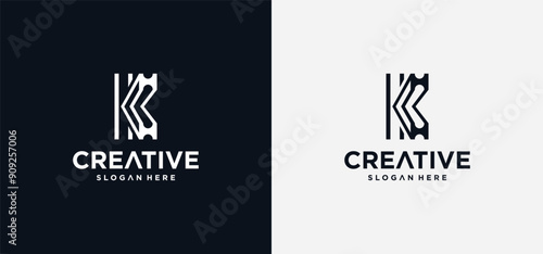 Steel logo design in the shape of the letter k, vector with a modern future steel beam icon.