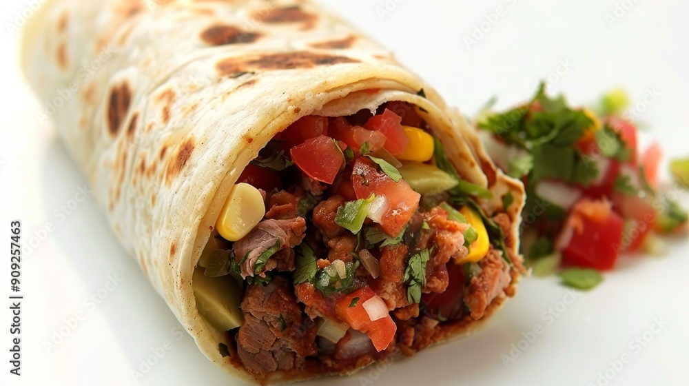 Close-up of a Delicious Burrito with Meat, Corn, and Pico de Gallo, Mexican Food, Food Photography, Burrito Recipe, Burrito Filling Close-up of a Delicious Burrito with Meat, Corn, and Pico de Gallo, Mexican Food, Food Photography, Burrito Recipe, Burrito Filling