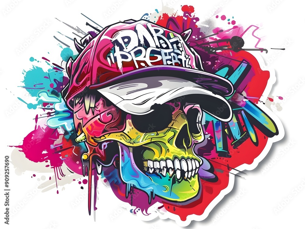 Fototapeta premium Stylish Streetwear Graffiti Skull Sticker Design for Apparel and Merchandise