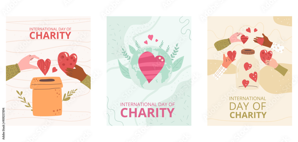 Set of International day of charity templates. Charitable event invitation. Planet Earth with heart and donation boxes greeting cards. Non profit organizations design. Vector illustration. Set of International day of charity templates. Charitable event invitation. Planet Earth with heart and donation boxes greeting cards. Non profit organizations design. Vector illustration.