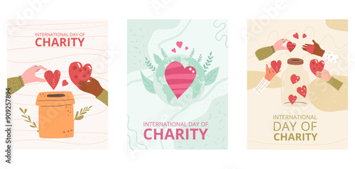 Set of International day of charity templates. Charitable event invitation. Planet Earth with heart and donation boxes greeting cards. Non profit organizations design. Vector illustration.