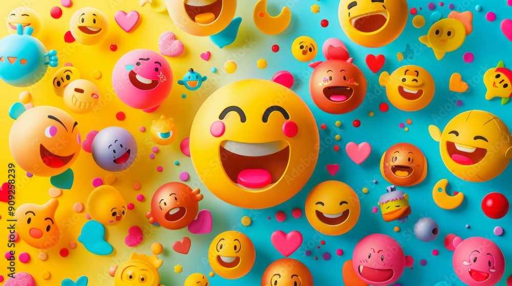 A cheerful background of colorful emojis with happy and smiling faces. A cheerful background of colorful emojis with happy and smiling faces.