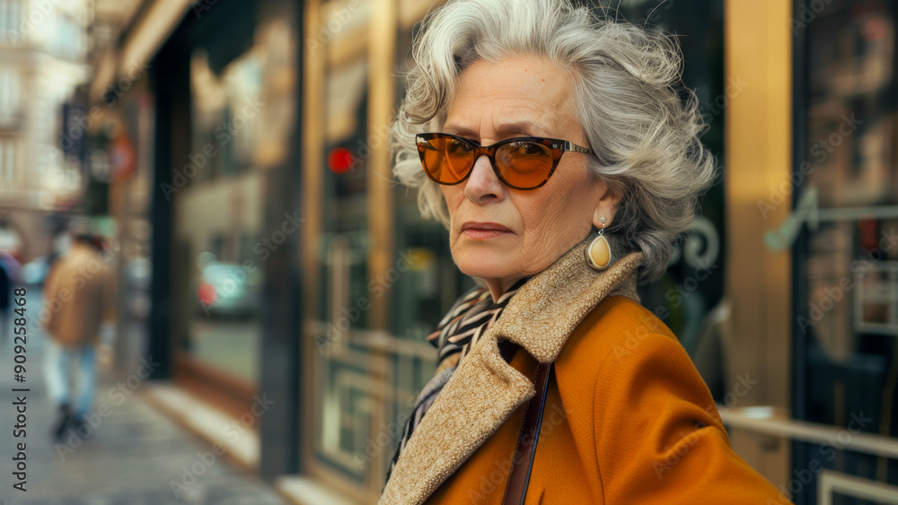 modern elderly woman in fashionable orange coat standing in city location modern elderly woman in fashionable orange coat standing in city location