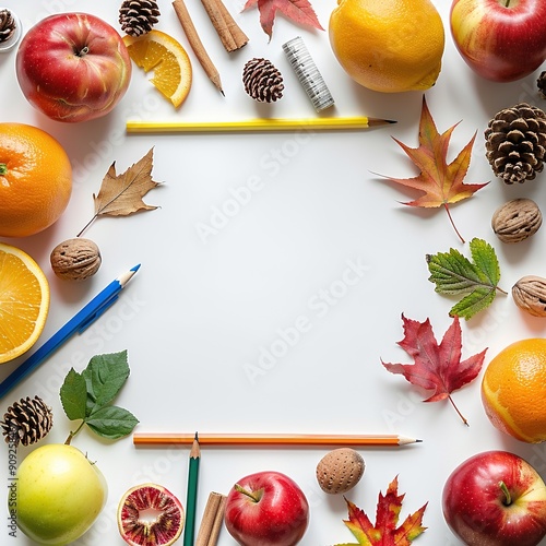 Back to school background with copy space. Autumn fruits on white table surface. Created with Generative AI