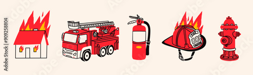 Firefighter Set. Emergency equipment. Burning house, helmet, hose, hydrant, extinguisher, fire truck. Hand drawn Vector illustration. Isolated design elements