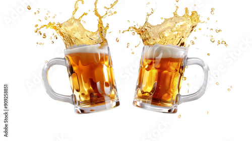 Two Beer Mugs Toasting with Splash Isolated on White Background, beer , drink , beverage , celebration photo