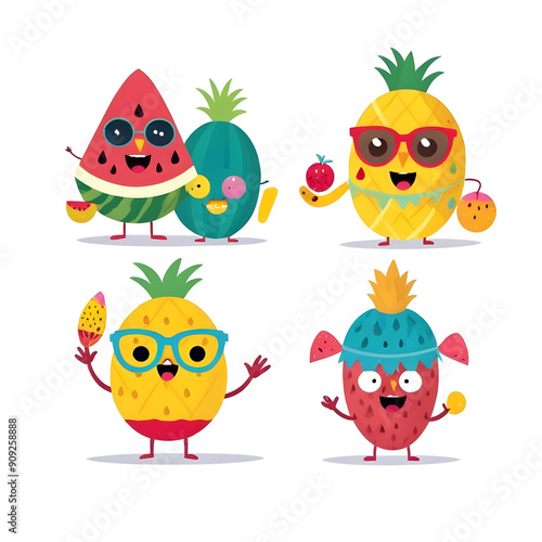 Colorful cartoon characters watermelon slice pineapple and tropical fruit 17