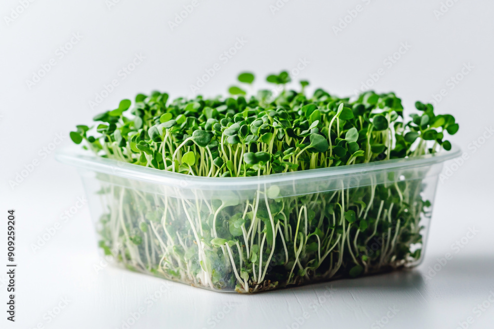 Plastic container with juicy green microgreens in natural and healthy food style. Plastic container with juicy green microgreens in natural and healthy food style.