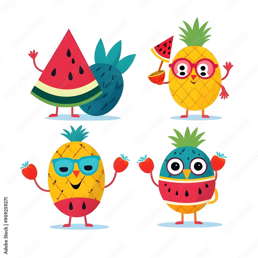 Colorful cartoon characters watermelon slice pineapple and tropical fruit 24 Colorful cartoon characters watermelon slice pineapple and tropical fruit 24