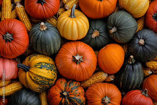 Realistic photo autumn pumpkin background.