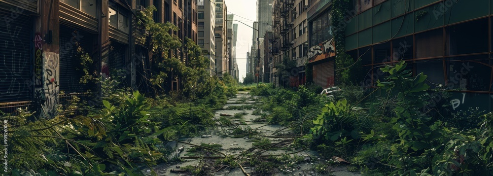 Abandoned overgrown city wallpaper background