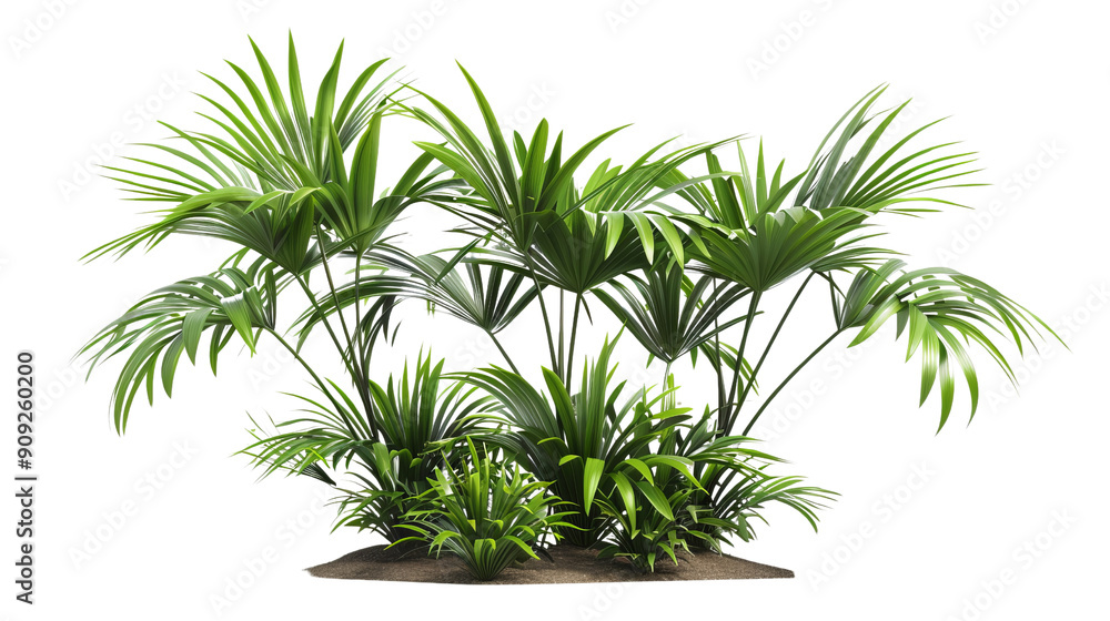 Green Palm Tree Bush with Lush Foliage Isolated on White Background, palm tree, tropical plants, green foliage, nature Green Palm Tree Bush with Lush Foliage Isolated on White Background, palm tree, tropical plants, green foliage, nature