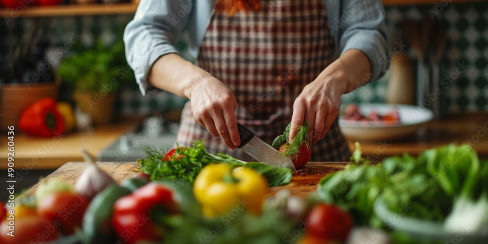Home Chef: A woman in a checked apron expertly chops vegetables, preparing a healthy and vibrant meal in a cozy kitchen. The image evokes a sense of comfort, nourishment, and culinary passion. Home Chef: A woman in a checked apron expertly chops vegetables, preparing a healthy and vibrant meal in a cozy kitchen. The image evokes a sense of comfort, nourishment, and culinary passion.