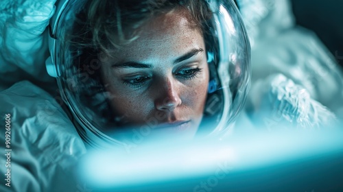 A person is seen resting in bed with a transparent helmet worn on their head, creating an intriguing juxtaposition of sleep and futuristic elements in the scene. photo