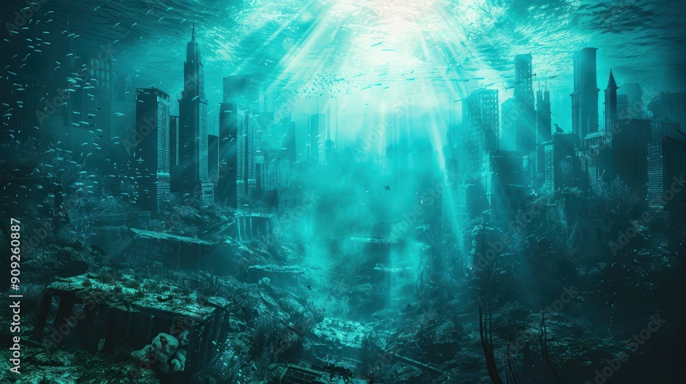 Fototapeta premium Underwater city with skyscrapers and marine life, illustrating a futuristic and abandoned metropolis beneath the sea.