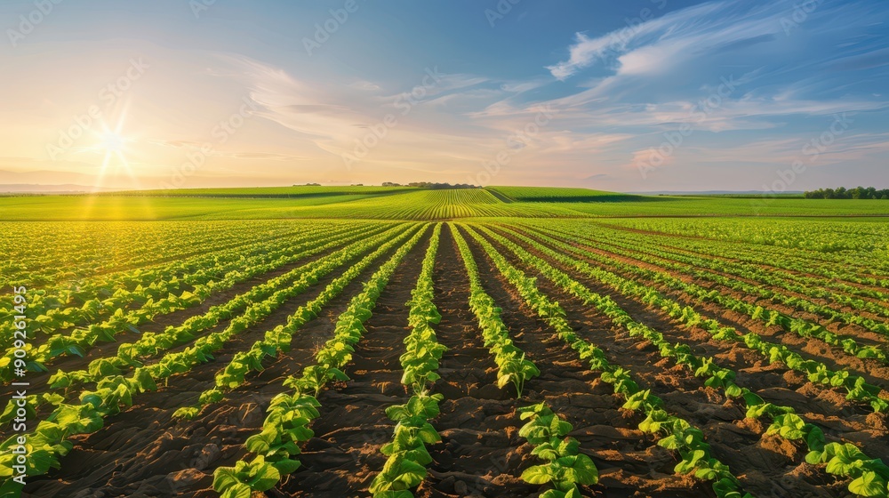 Expansive green farm field with rows of crops stretching into the distance under a clear sky. Sustainable agriculture concept. Expansive green farm field with rows of crops stretching into the distance under a clear sky. Sustainable agriculture concept.