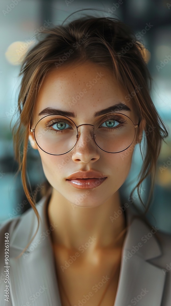 A woman with glasses and a necklace is wearing a gray jacket A woman with glasses and a necklace is wearing a gray jacket