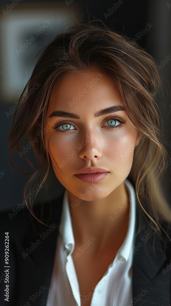 A woman with long brown hair and blue eyes is wearing a black jacket A woman with long brown hair and blue eyes is wearing a black jacket