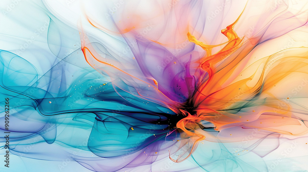 An image of blue, orange, and pink flowers on a light blue background with water splashing at the base An image of blue, orange, and pink flowers on a light blue background with water splashing at the base